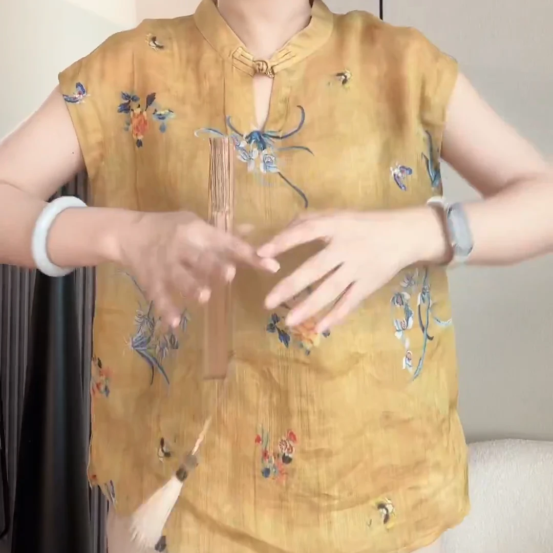 《金玉兰》夏季新款百搭新中式气质不规则国风印花小衫C5763