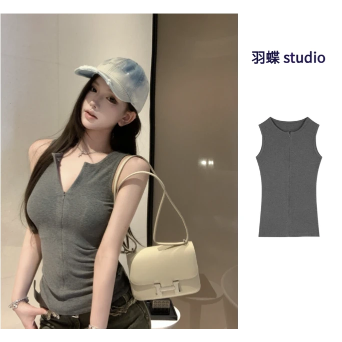纯欲风小众拉链圆领无袖背心女夏季新款纯色修身显瘦洋气百搭上衣