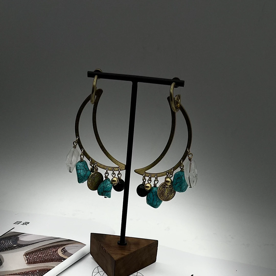 黄铜石英石耳饰 月亮法式耳环手工气质