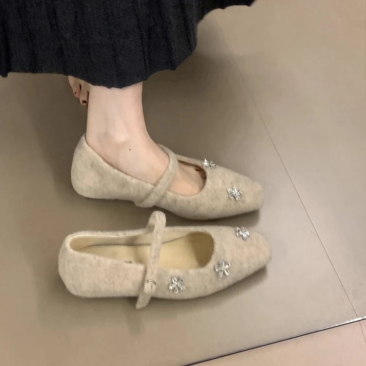 内增高复古毛呢水钻毛毛鞋单鞋女2025秋冬新款配裙子加绒玛丽珍鞋