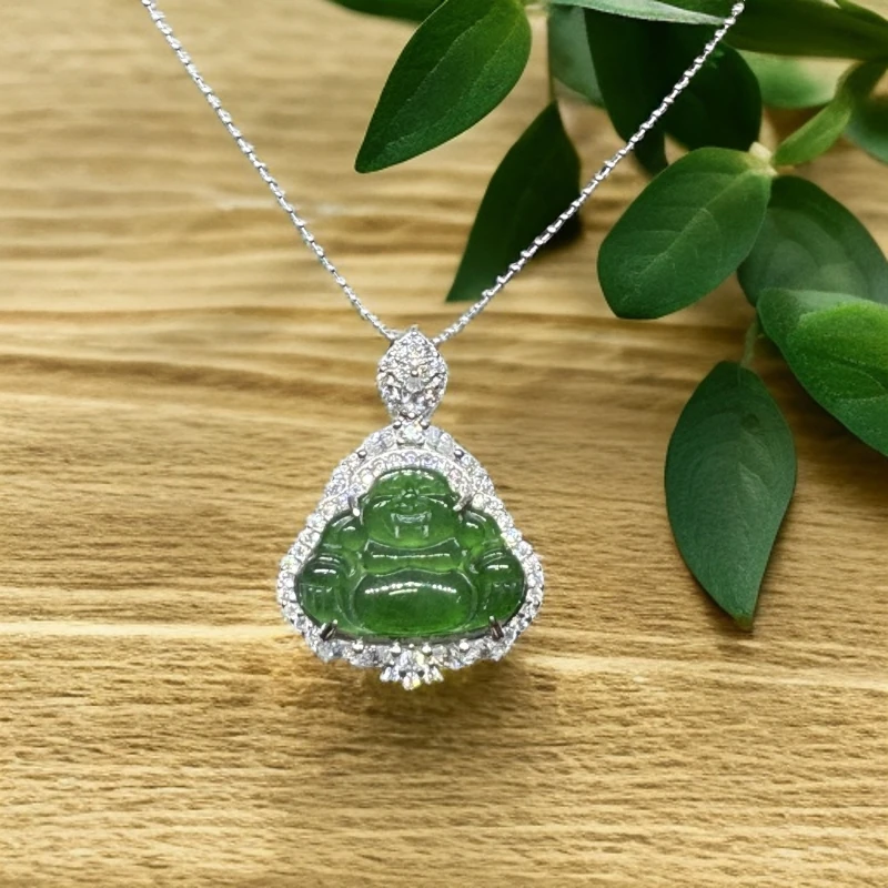 天然翡翠A货辣绿中号大肚佛公925银镶嵌满钻精美时尚