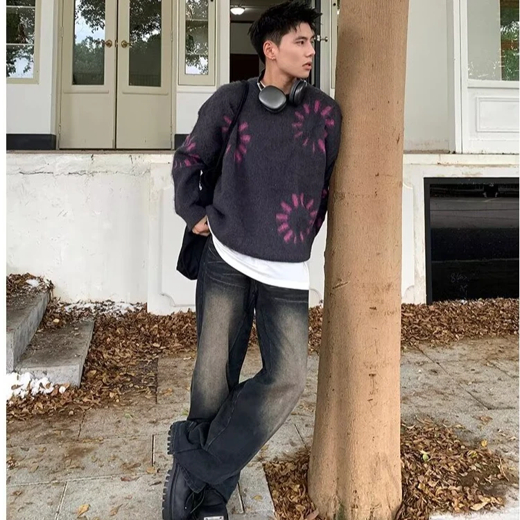 2025秋冬款美式毛衣复古圆领针织毛衣男慵懒风保暖毛衣