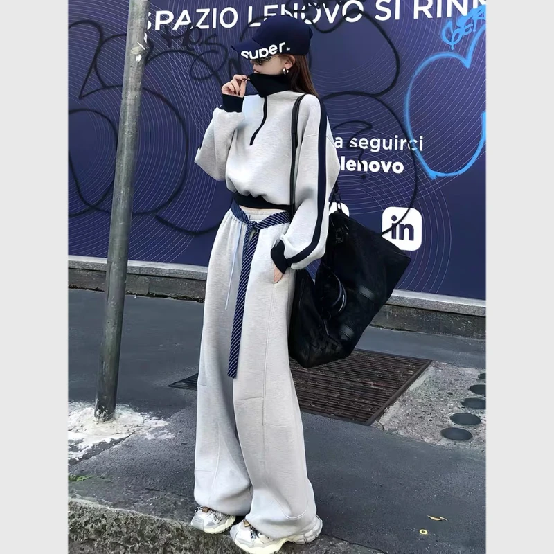 明星同款美式复古慵懒风运动卫衣套装女时髦撞色宽松休闲裤三件套