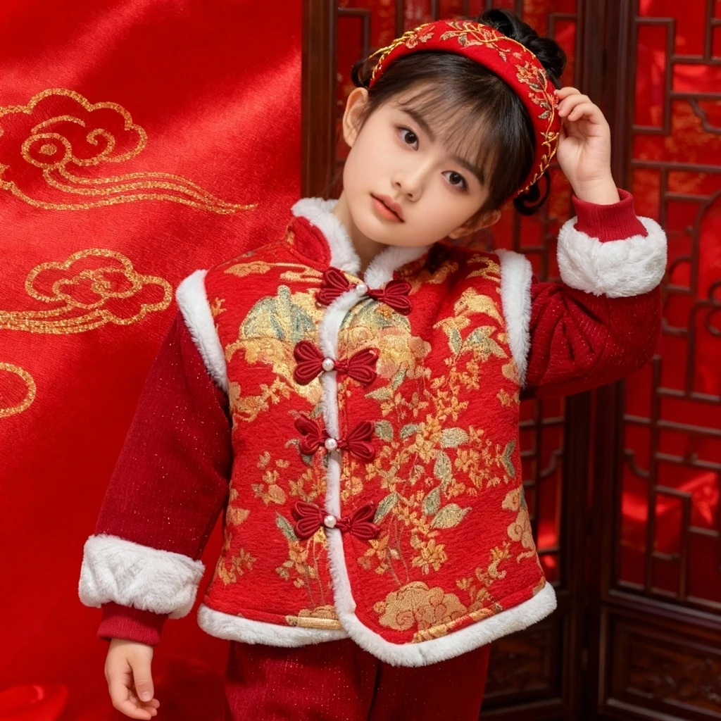 2025宝宝拜年服冬季女汉服婴儿小童红色秋冬中国风加绒喜庆