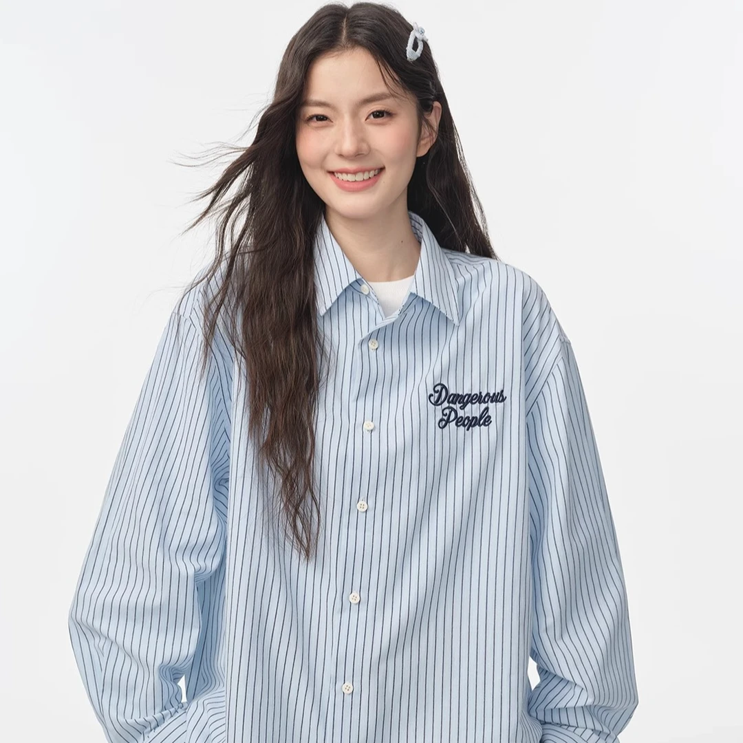 Dangerouspeople薛之谦dsp纯色简约百搭字母绣花宽松经典条纹衬衫
