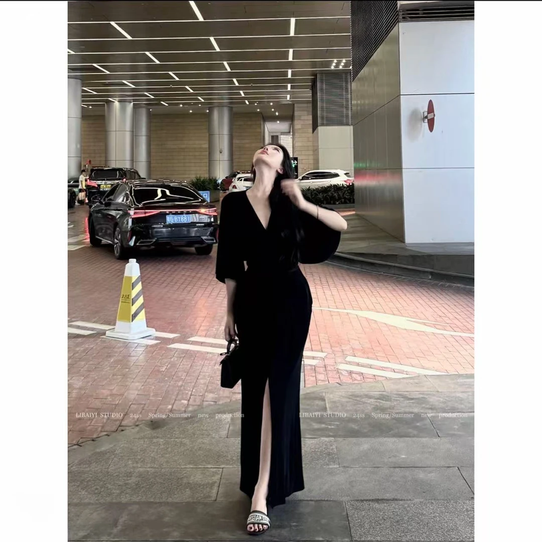 法式高级感气质V领长袖连衣裙女夏季收腰显瘦开叉包臀长裙子3262#