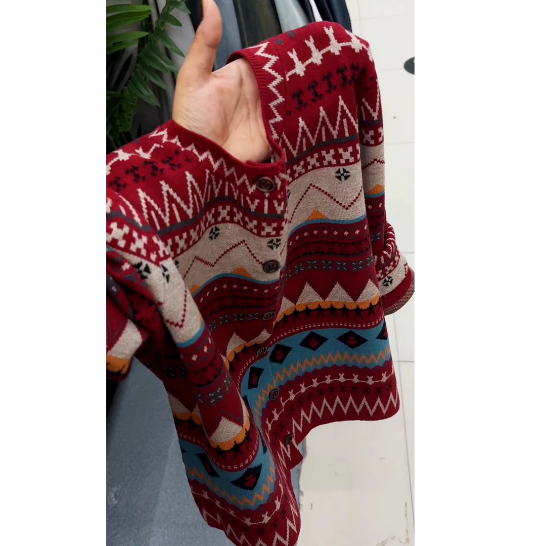 复古针织开衫女外穿2025春秋新款百搭圆领民族风拼色洋气提花毛衣