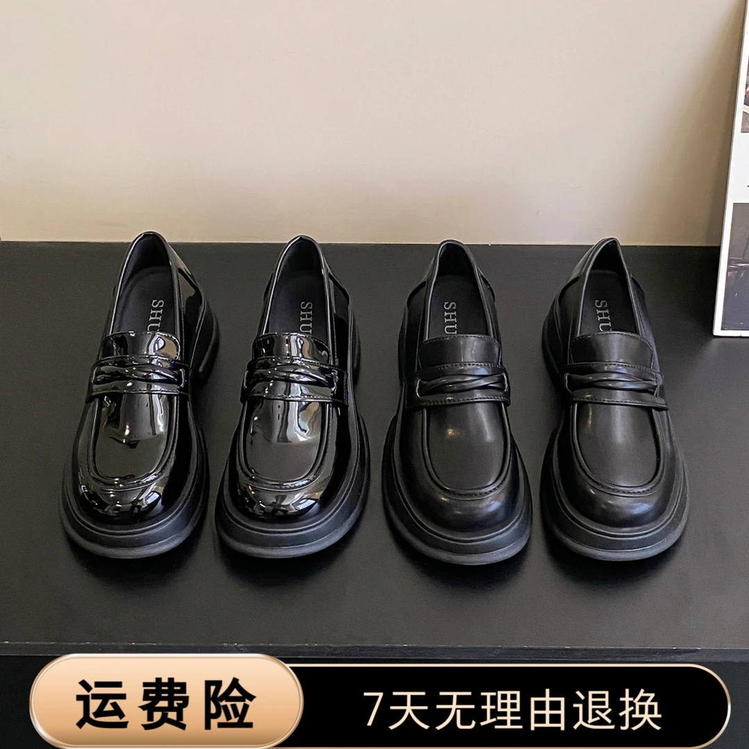 复古黑色漆皮百搭大头小皮鞋女2025新款春季厚底增高英伦风乐福鞋