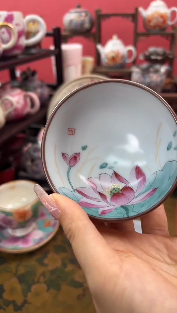 【闪购商品】苏记月白汝窑手绘荷花碗口杯