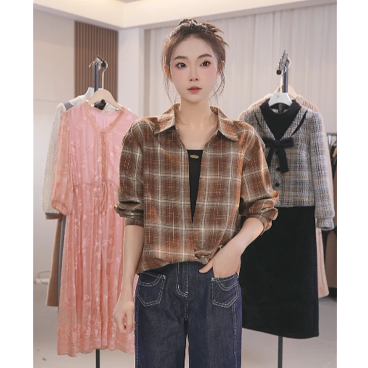 W2350韩版格子衬衫女士春秋新款假两件宽松长袖衬衣遮肚上衣