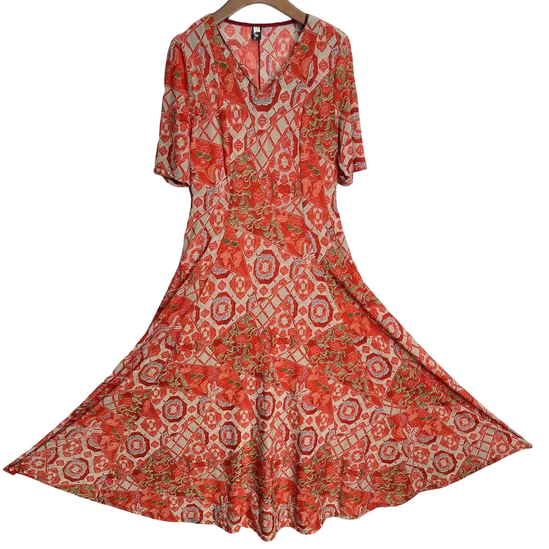 2513-橘红-夏款大码女装修身显瘦时尚减龄七片大摆长款连衣裙