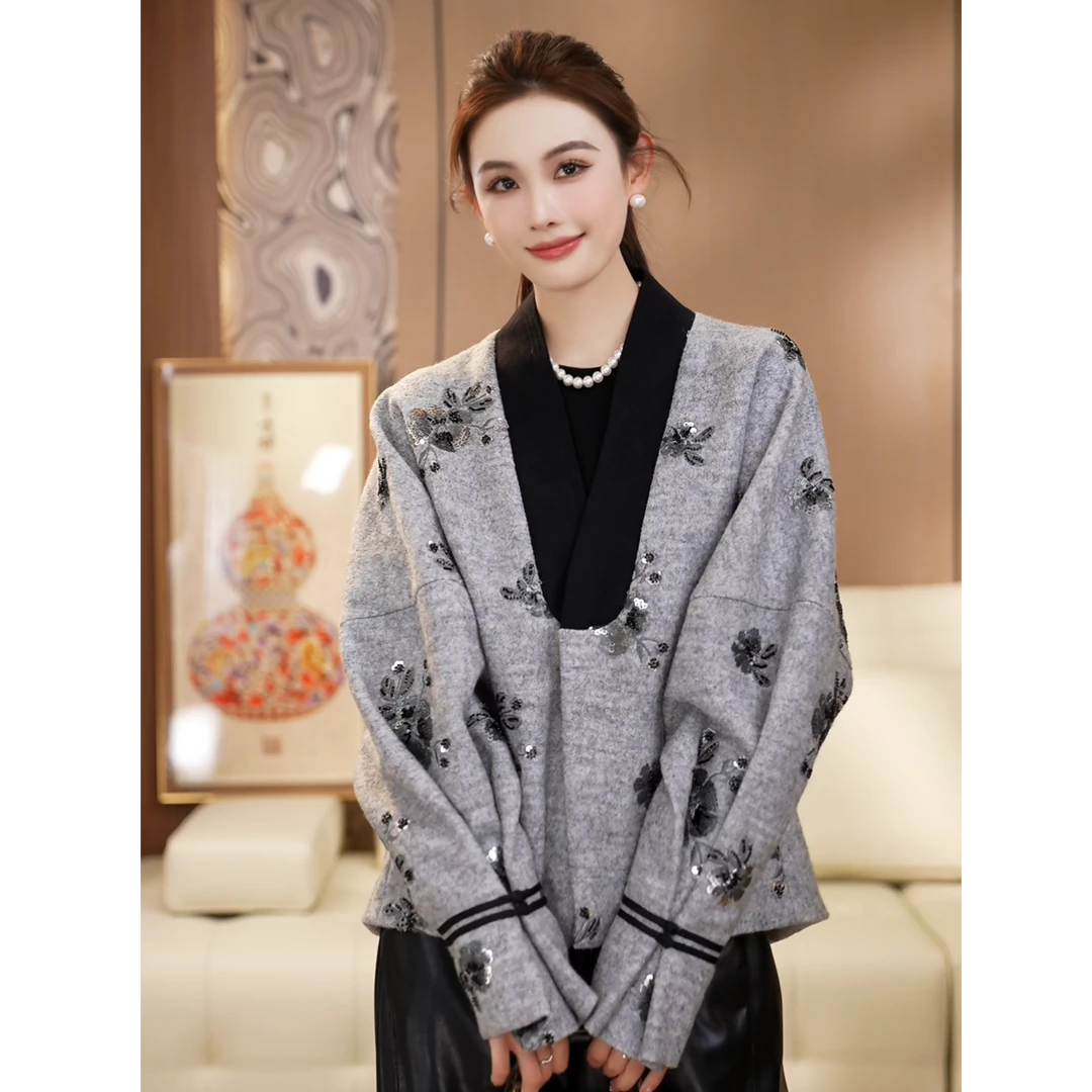 刺绣钉珠毛呢新中式v领外套设计师休闲时尚轻奢气质宽松春秋复古