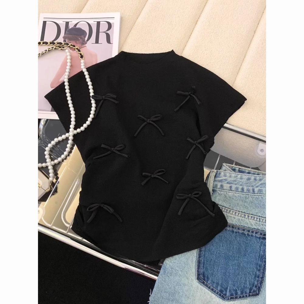 黑色T恤飞袖小众设计感蝴蝶结显瘦打底衫美拉德工装裤薄款套装