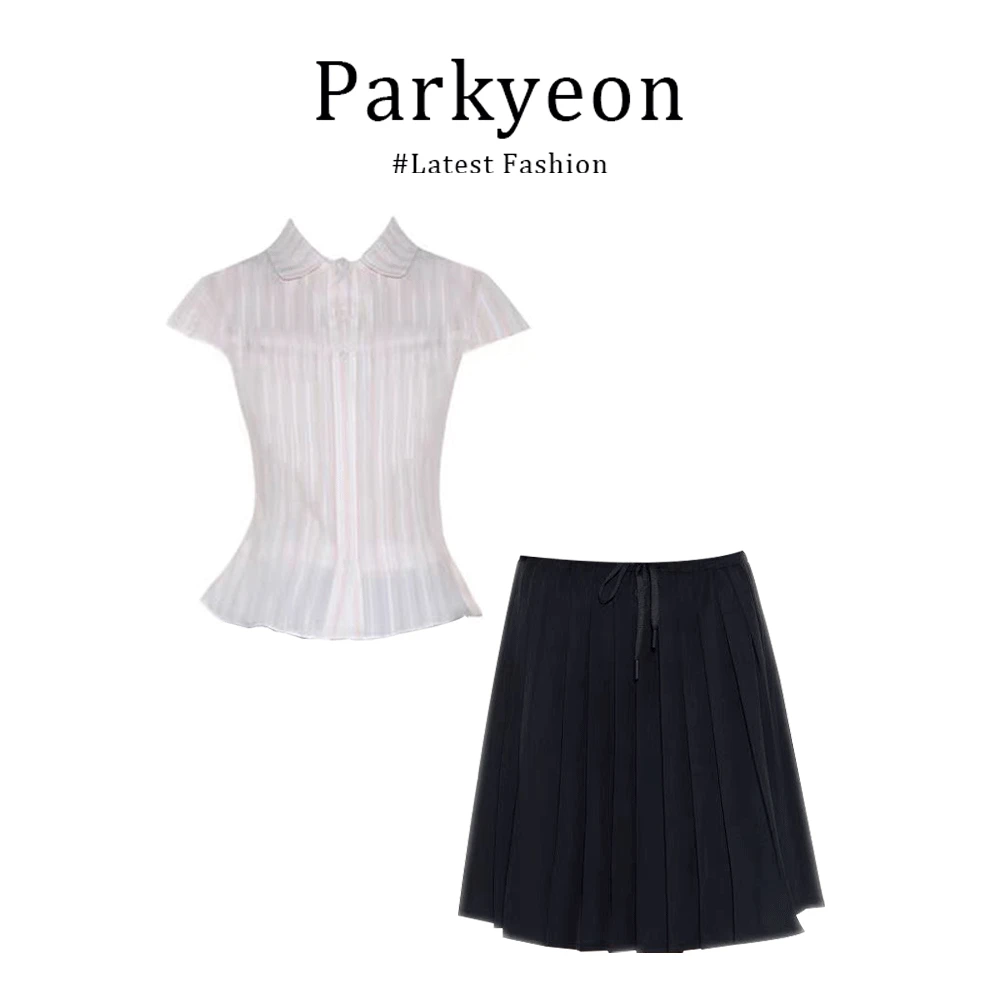 parkyeon学院风粉色条纹短袖衬衫夏季修身显瘦收腰显瘦百褶裙套装