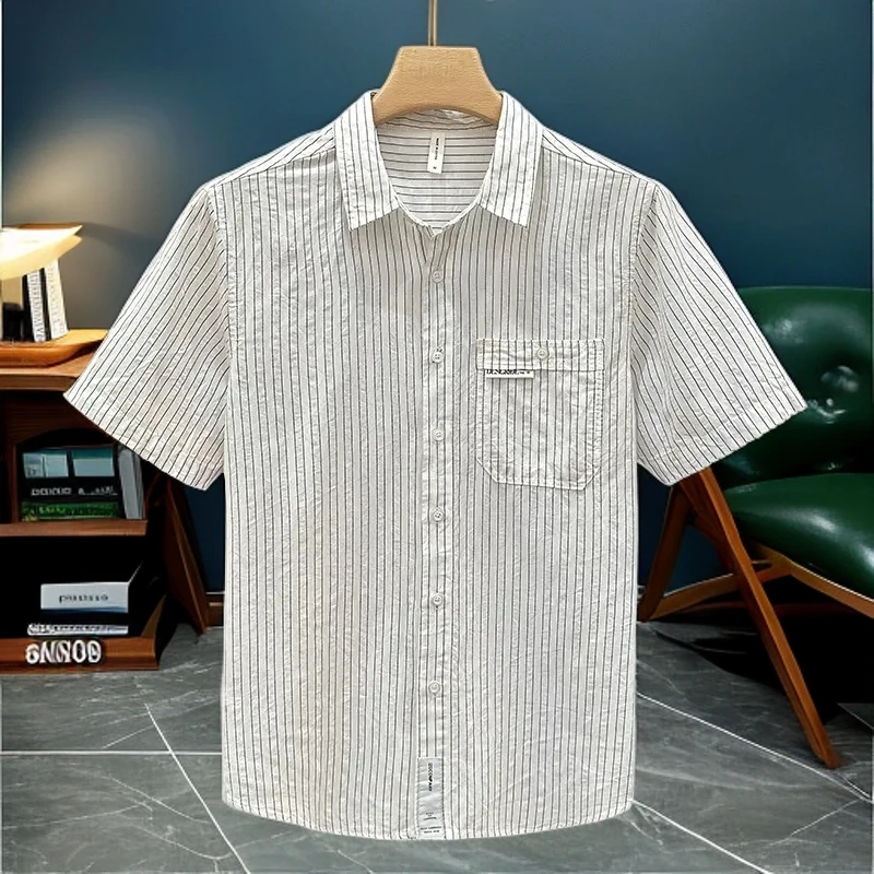 夏季潮流条纹短袖衬衫男士日系休闲文艺免烫宽松百搭男士半袖衬衫