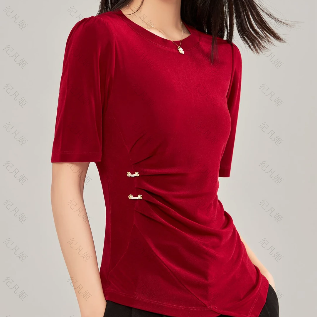纪凡姬/24-025-新款设计感纯色高级感醋酸百搭T恤
