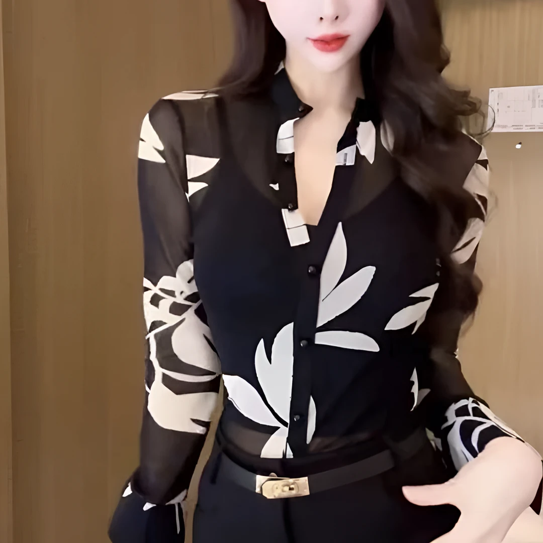 道欧洲站洋气网纱印花长袖T恤新款时尚甜美百搭上衣衬衫女气质