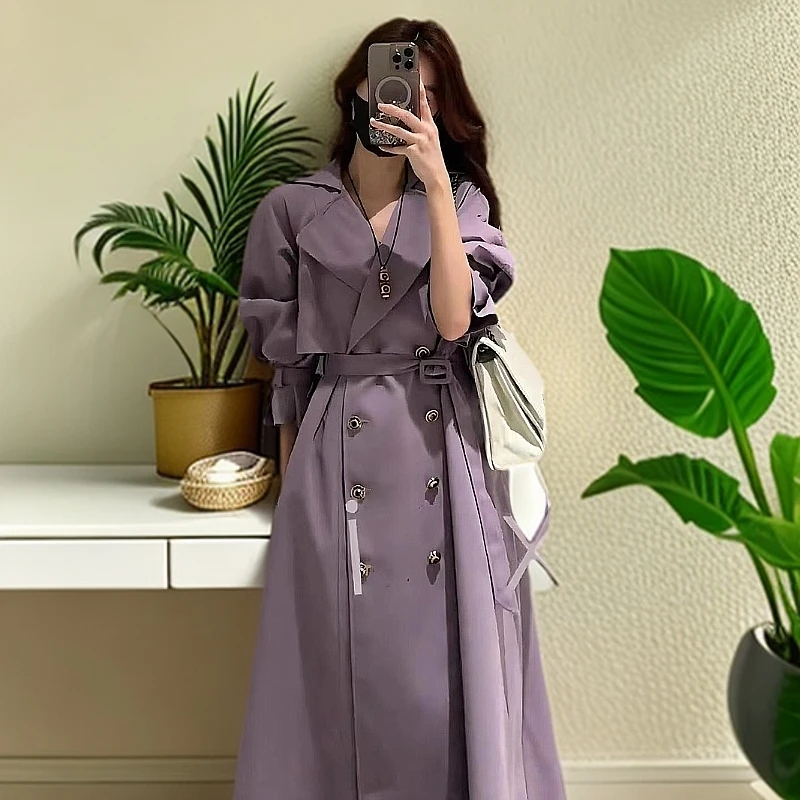 紫色英伦风大衣外套女春秋中长款高级感气质休闲韩版宽松风衣外套