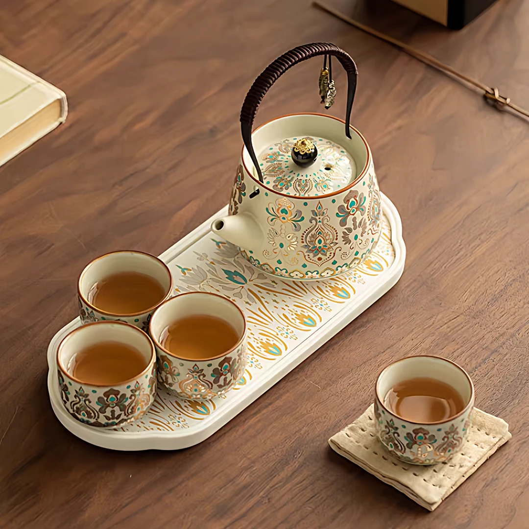 黄汝【敦煌记忆】提梁4杯茶盘家用茶具套装送人送礼1038