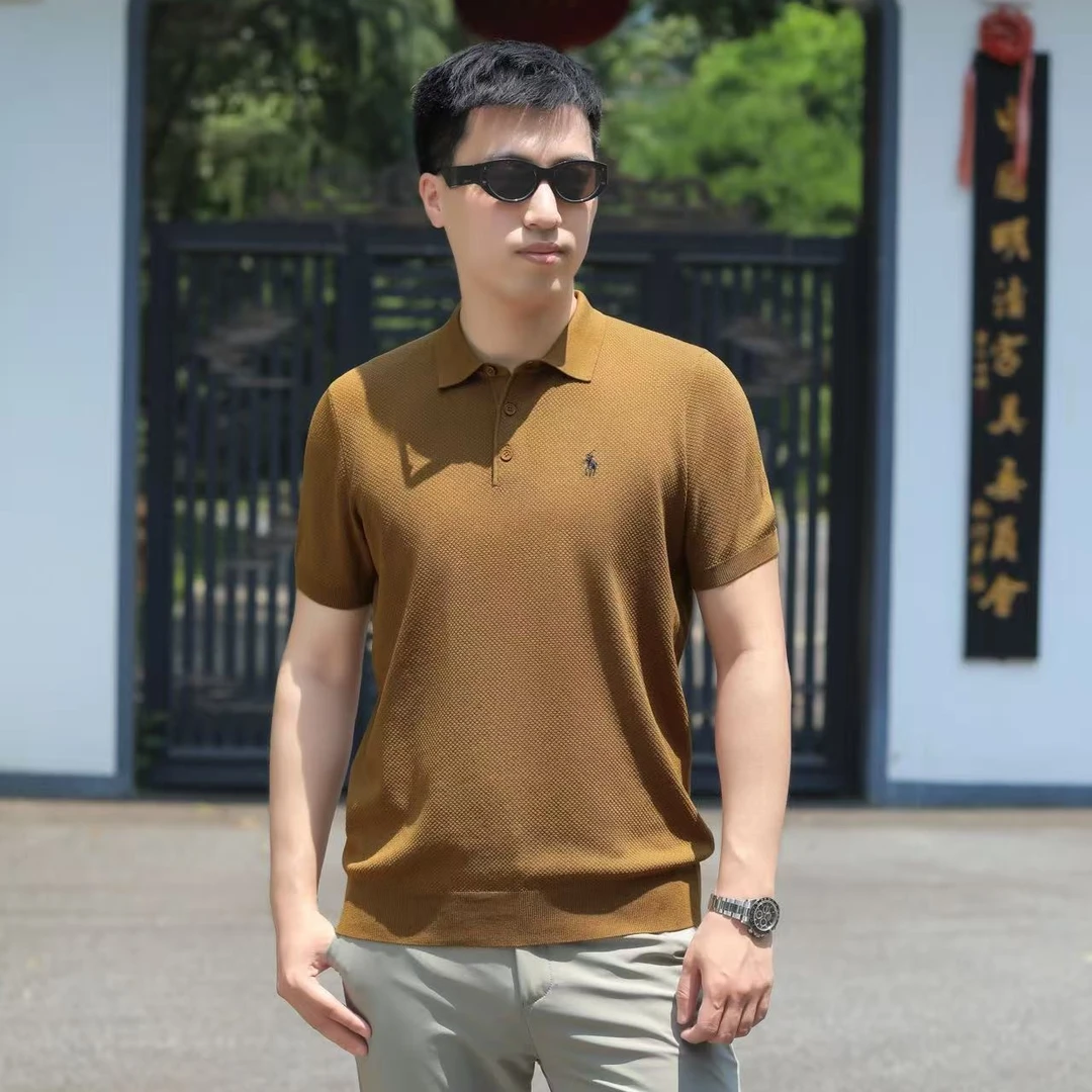 新款高端男士POLO冰丝透气针织衫短袖薄款翻领16针有标高级感上衣