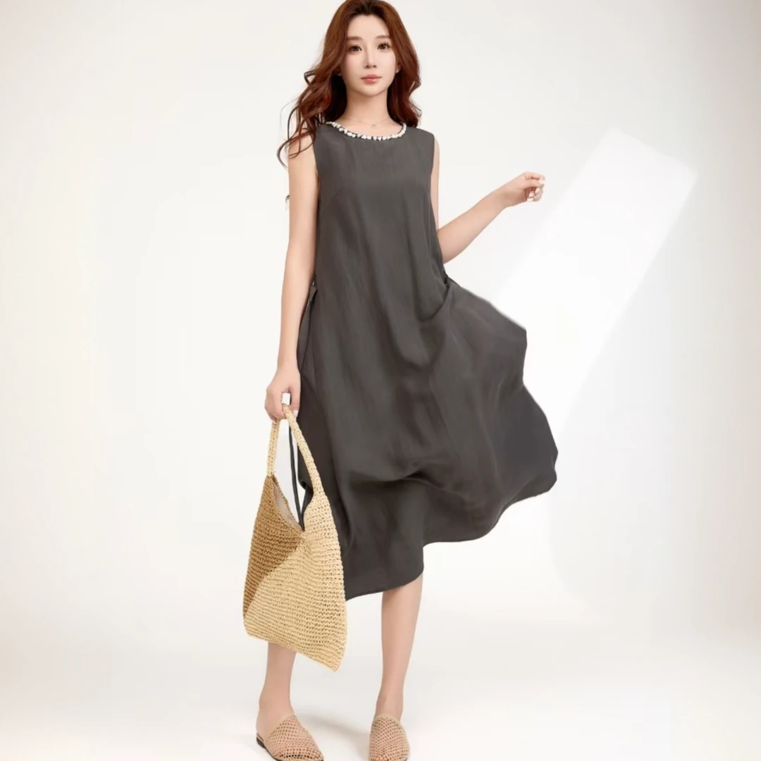 手工串珠天然深海贝母丝麻连衣裙无袖圆领夏季宽松长裙中长裙030