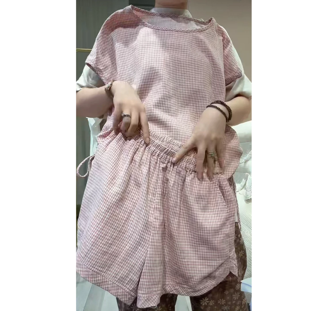 【超级红】 粉色小格子 色织双层纱全棉套装短袖短裤