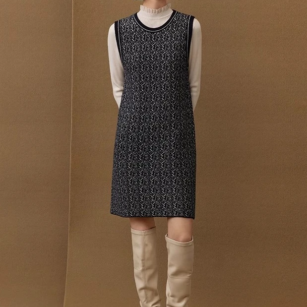 【曼】m长99无袖针织裙法式小香风花呢羊毛混纺背心连衣裙2672