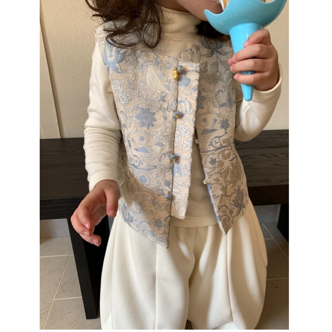 壹妈童装女童新中国风文艺气质提花马甲时尚白色卫衣百搭白色卫裤