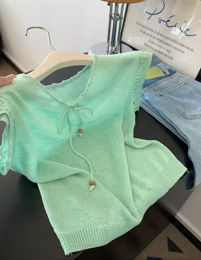 2025夏季新款法式甜美气质减龄轻薄短袖针织上衣女装百搭显瘦小衫