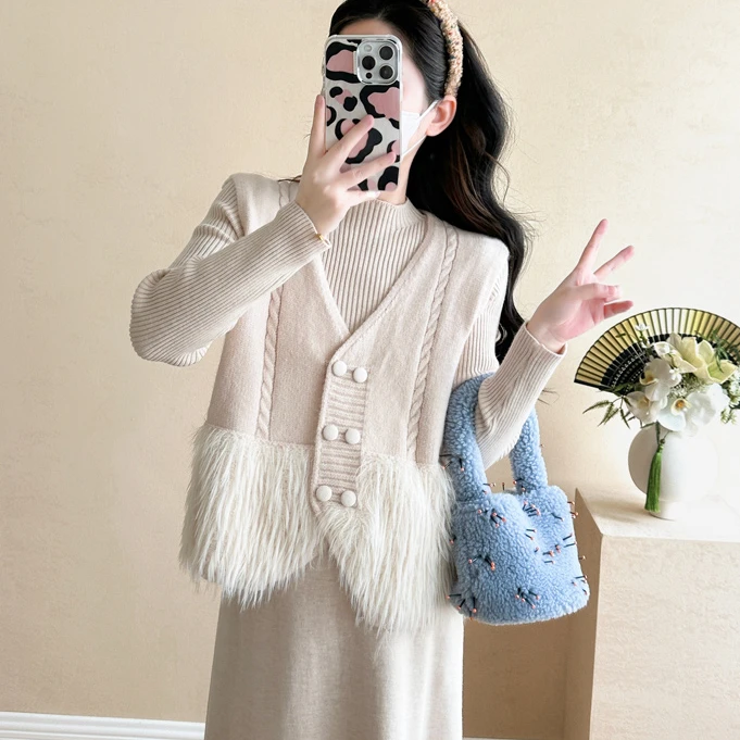 1687马甲连衣裙显瘦气质长毛马甲+内搭连衣裙时尚中长款