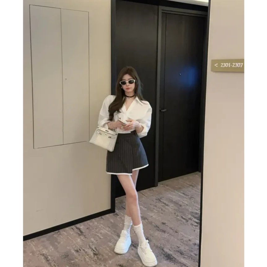 【泡菜订制】2025秋季新款小香风蕾丝边白色衬衫+西装半裙两件套装