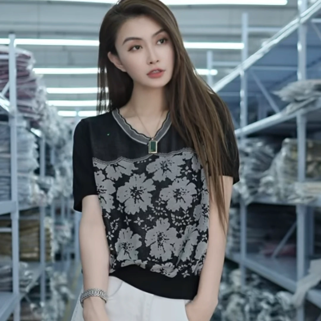 【思思精选】夏季时尚气质V领花边复古花朵提花显瘦百搭针织衫A670#