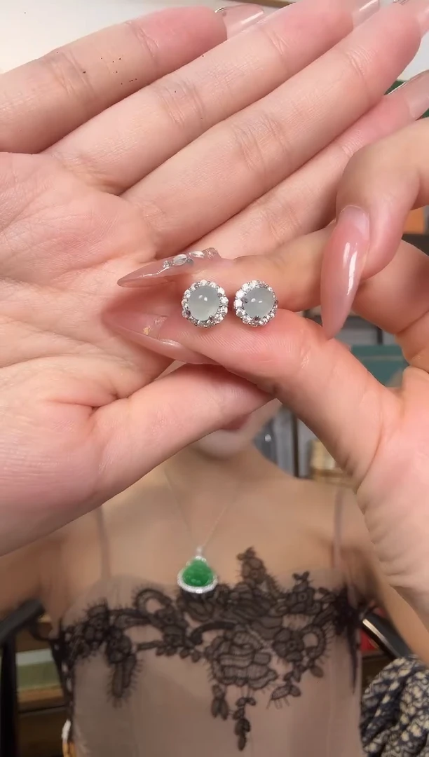 银S925镶嵌翡翠耳饰耳钉