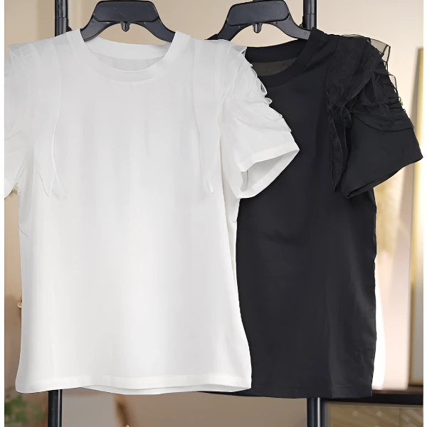 轻奢圆领短袖拼接森系桑蚕丝T恤时尚显瘦文艺时尚不规则设计-804