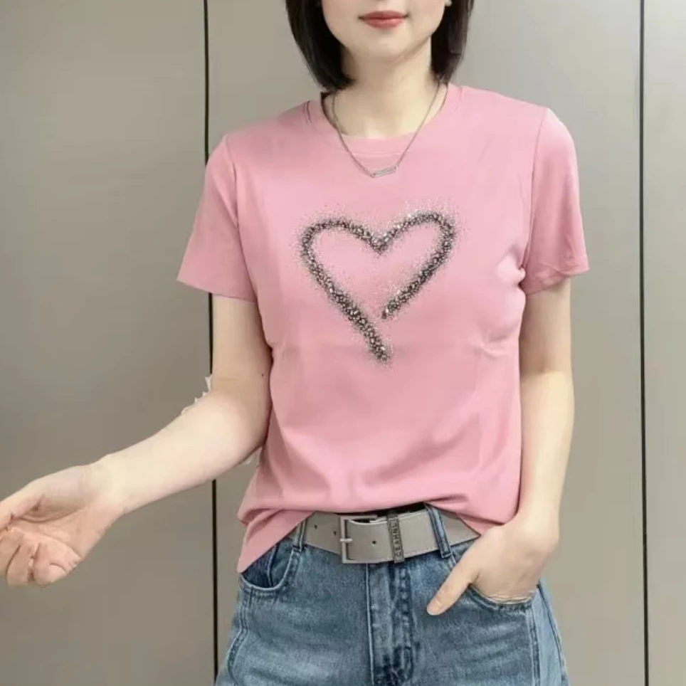 设计感爱心烫钻短袖T恤女2025春夏新款时尚百搭显瘦体恤上衣小衫