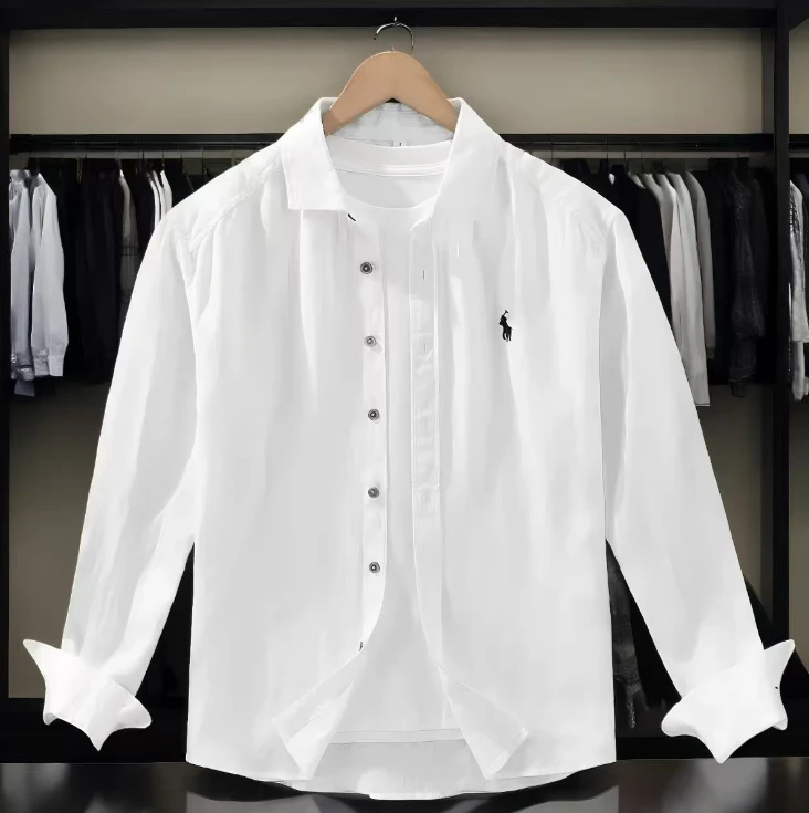 纯亚麻衬衣刺绣法国雨露麻高支精纺白色男女款老钱风休闲潮牌衬衫