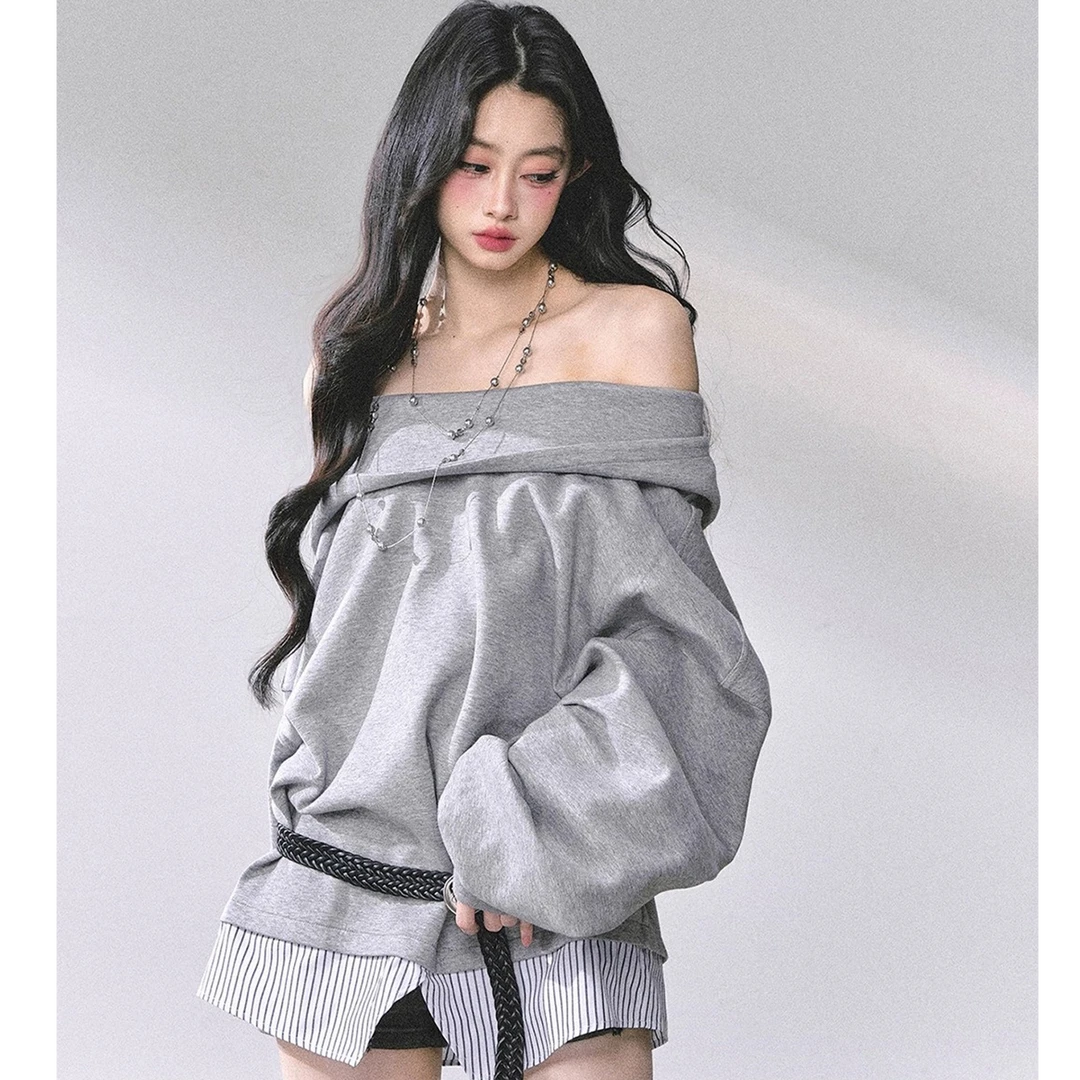 溪溪靓衫 假两件美式宽松显瘦卫衣女秋 新款上衣一字肩设计感长袖