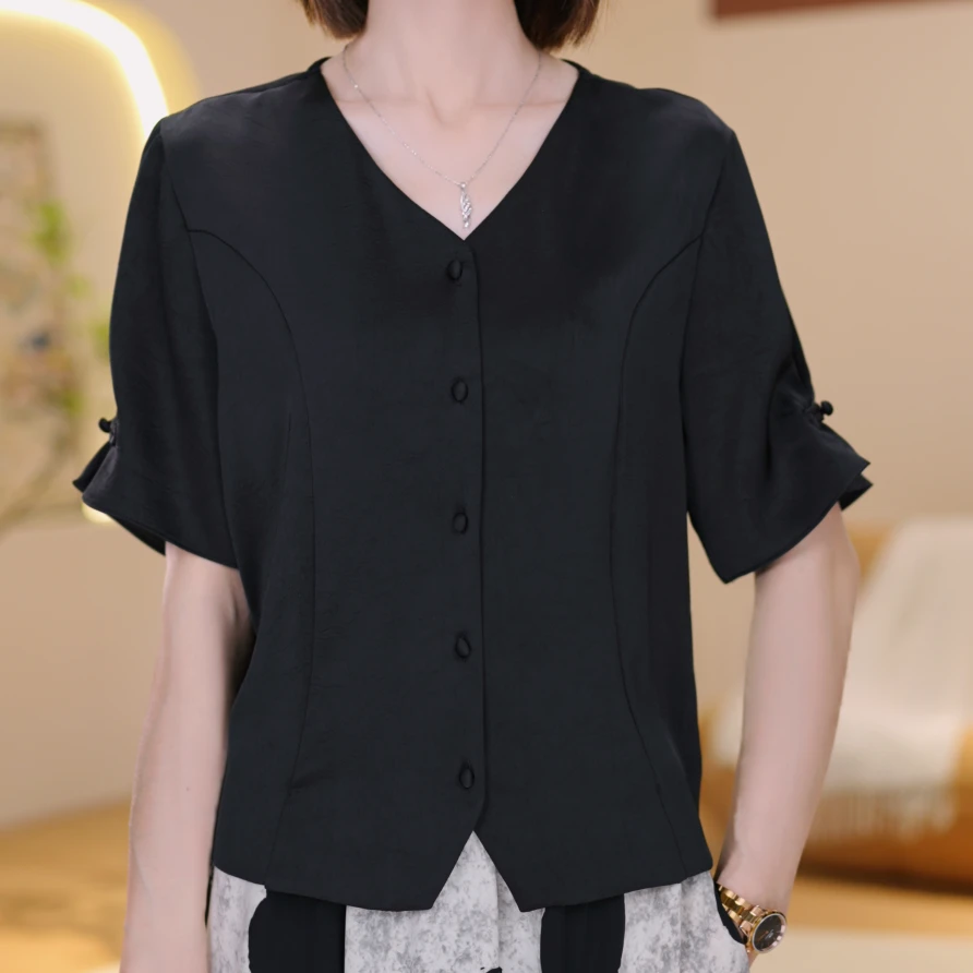 夏季新款短袖V领开衫休闲气质休闲宽松显瘦洋气时尚百搭