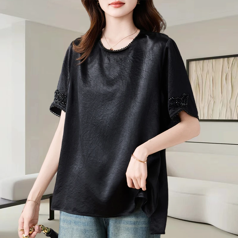 黑色短袖t恤女士夏季2025新款洋气减龄宽松显瘦时尚钉珠气质上衣