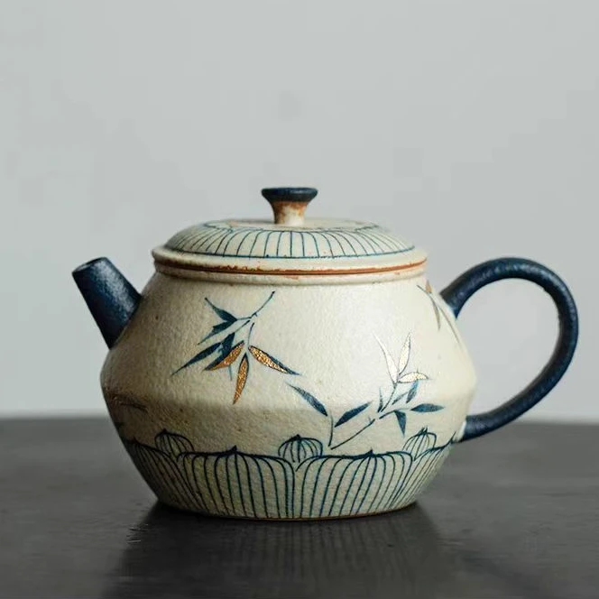 竹影青花火石红描金纯手绘茶壶陶瓷茶具合欢壶