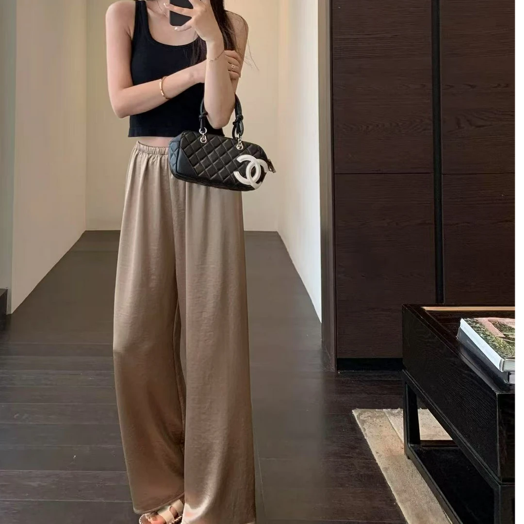 法式复古老钱风简约时尚通勤百搭松紧腰休闲阔腿裤H6911