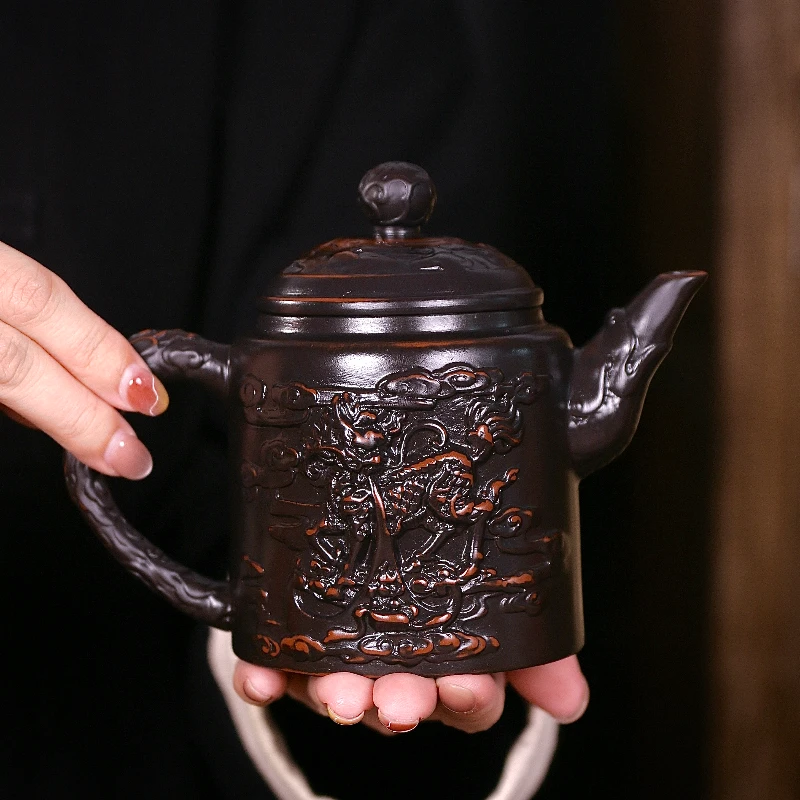 紫陶浮雕麒麟凤鸣壶大容量家用中式泡茶壶复古大号紫砂壶S