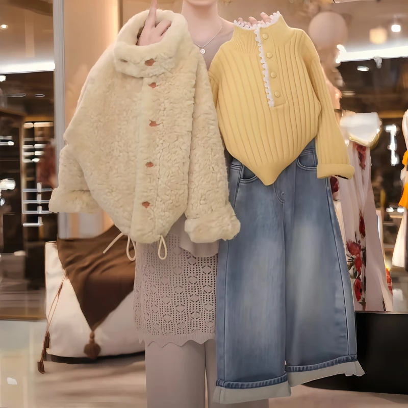 女童外套秋冬款2025新款洋气儿童毛毛衣韩版女孩冬季加绒加厚上衣