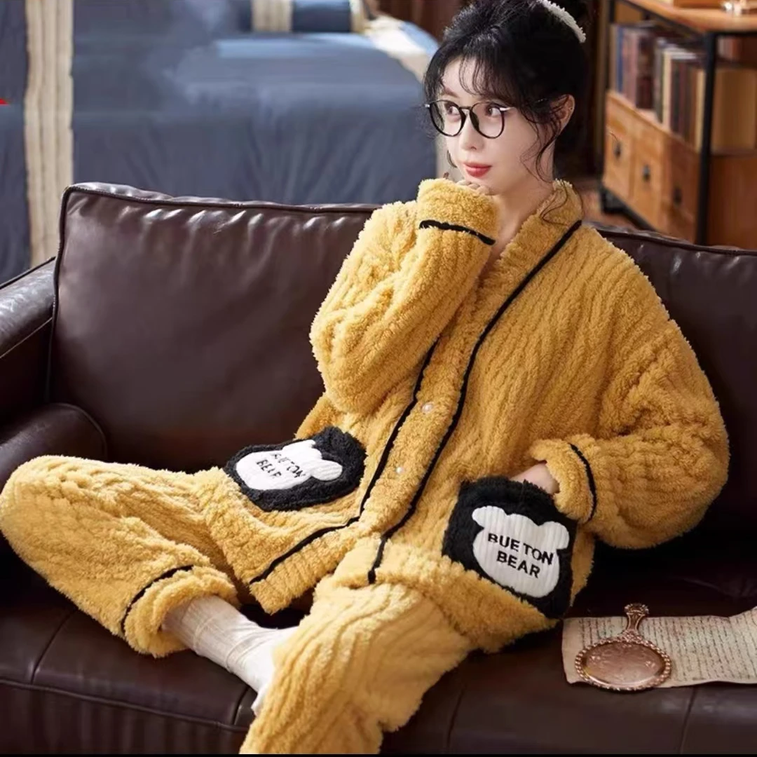 睡衣加绒家居服女保暖冬季长袖青年冬天成人加厚睡袍套装长裤休闲
