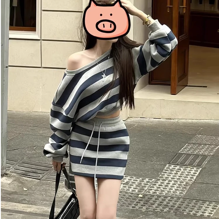 【欧若风】春季新款法式斜肩大领口条纹上衣韩版卫衣小众时尚套装