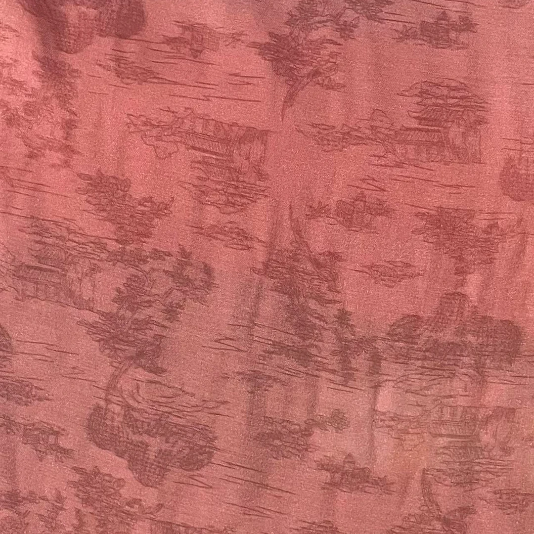 山水画铁锈红蚕丝棉时尚面料（不支持7天无理由）