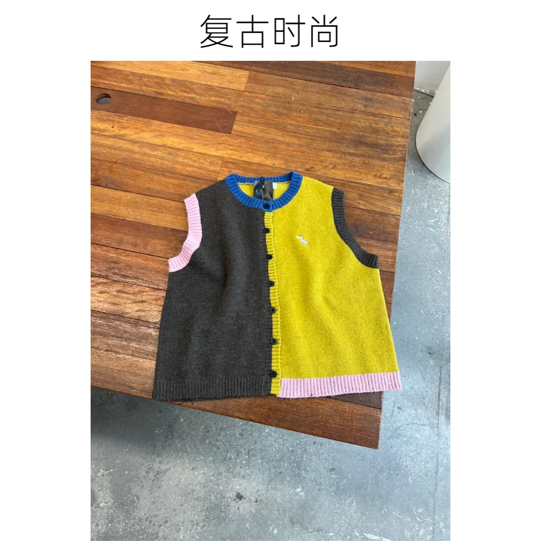 【杨英家斑马刺绣 AB 拼接潮牌设计感】撞色复古毛衣马甲 19279