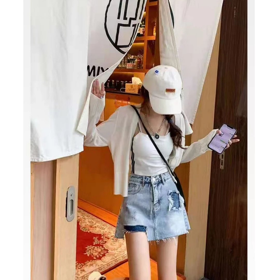 不规则破洞牛仔半身裙高腰包臀短裙