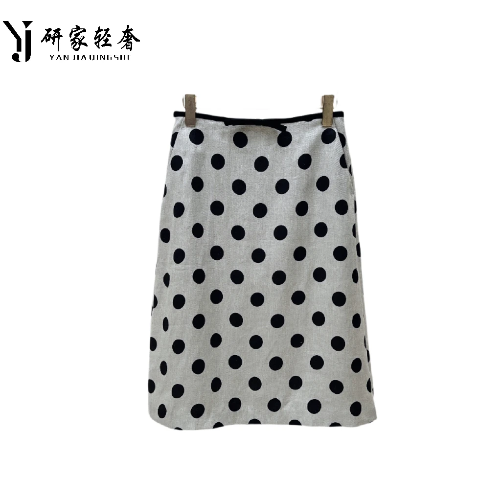 5897研家轻奢时尚百搭撞色蝴蝶结波点亚麻半裙