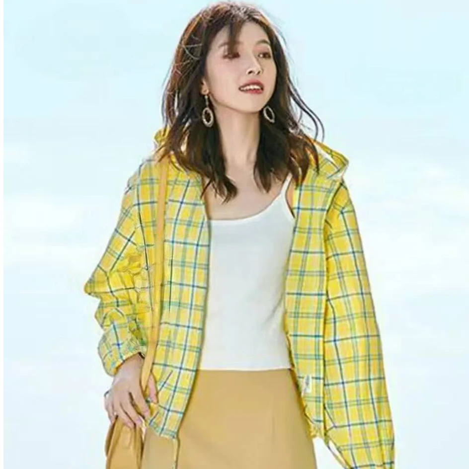 7471-韩单连帽卫衣式全棉格子衬衫（柠檬黄）